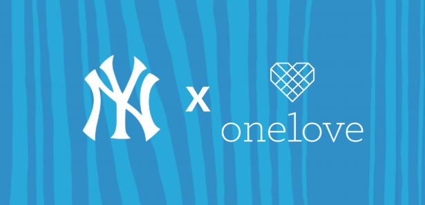 Blue background with Yankees x One Love in white